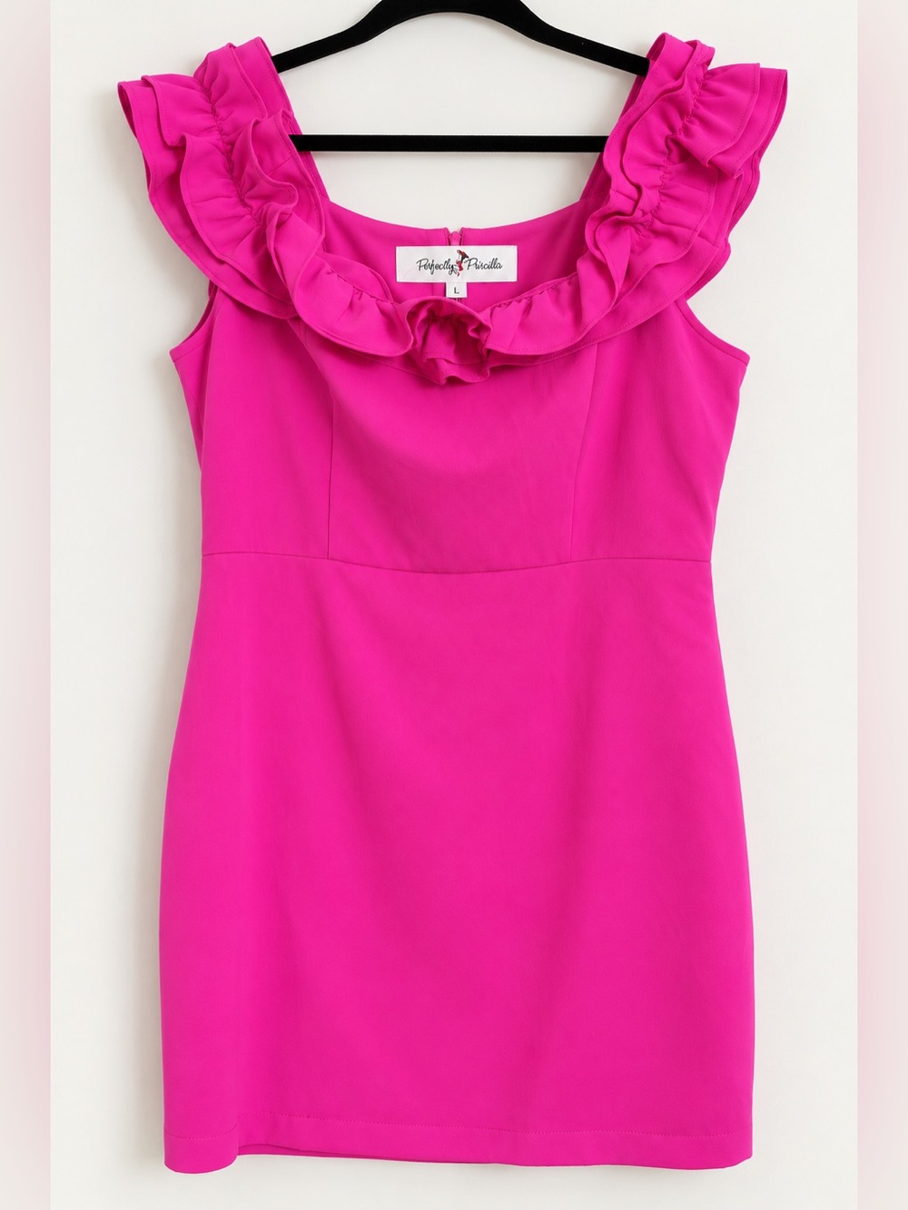 Pippa & Julie Bright Hot Pink Ruffled Neckline Party Dress
